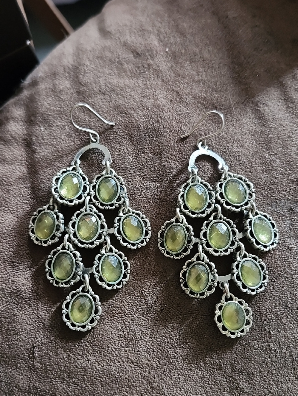 Vintage Green Stone Chandelier Earrings - Silver-Tone
